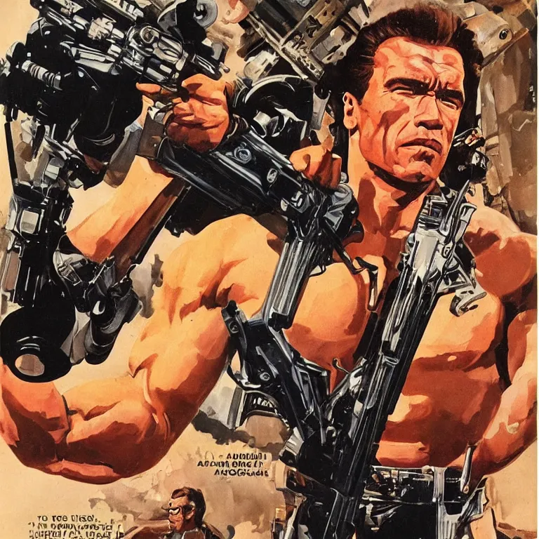 Image similar to scifi portrait of Arnold Schwarzenegger by Robert McGinnis, pulp comic style, circa 1958, photorealism