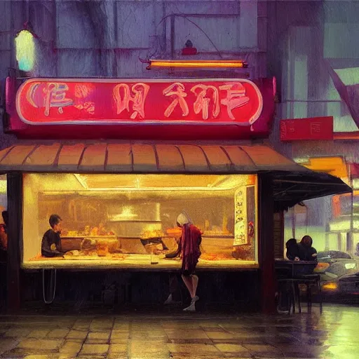 Image similar to people eating at street food noodle shop, chillwave, electronic billboards, tech noir, wet reflections, atmospheric, ambient, livia prima, greg rutkowski, edward hopper, pj crook