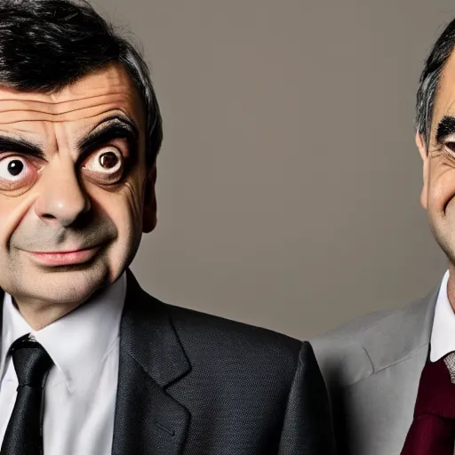 Image similar to A portrait mr bean teams up with a teenage rowan atkinson, perfect faces, 50 mm, award winning photography