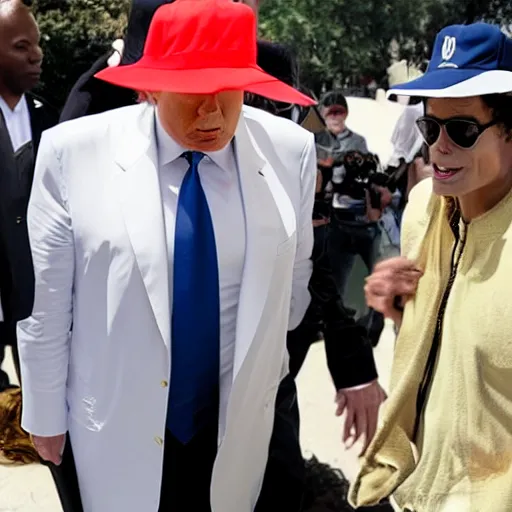 Prompt: Donald Trump wearing a moonwalking Michael Jackson as a hat