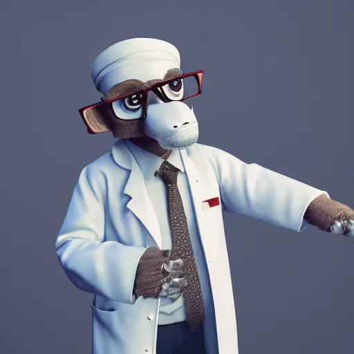 Prompt: anthropomorphic wolf in a lab coat with glasses, 8 k, octane render