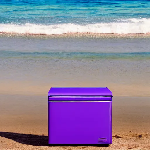Image similar to purple refrigerator on a beach, 4k photo