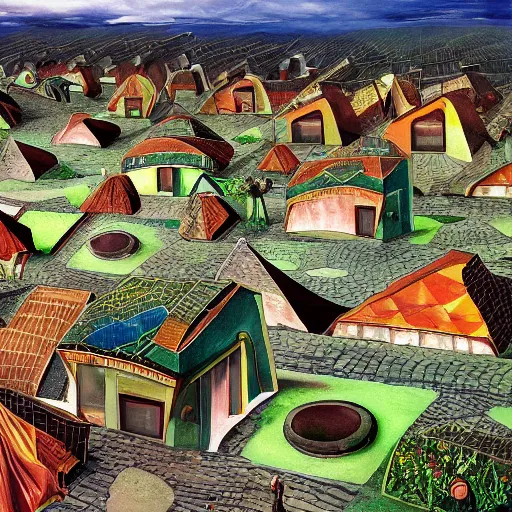 Image similar to solarpunk village with solarroofs, salvador dali style