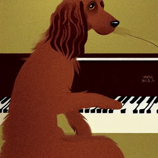 Image similar to a brown spaniel with a white chest , sat down playing a grand piano.modern. book illustration, lighting. Artwork. no text