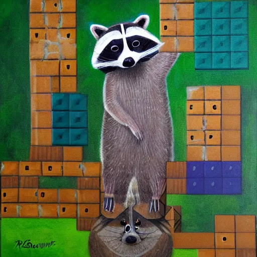 Prompt: raccoon playing tetris in the forest, masterpiece by emiliy wisemann and george bulloet