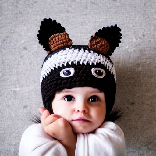 Prompt: a crocheted raccoon hat, very detailed animal hat, cute details, product photo, promotional image, sharp focus, studio lighting