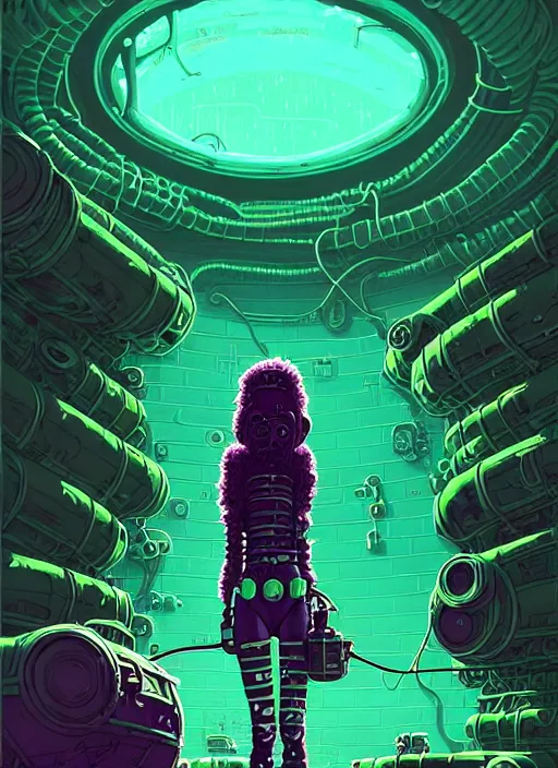 Image similar to highly detailed portrait of a lonely wasteland punk long dripping curly brown nuclear hair tribal lady, stray green slime hoses by atey ghailan, james gilleard, by joe fenton, by greg rutkowski, by greg tocchini, by kaethe butcher, 4 k resolution, gradient purple, brown black and white color scheme!!! ( ( green flaming robotic sewer background ) )