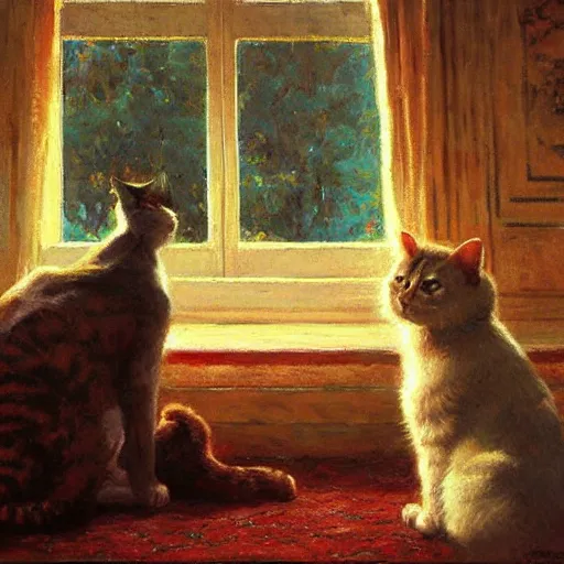Prompt: a cat watching movie, painting by gaston bussiere, craig mullins