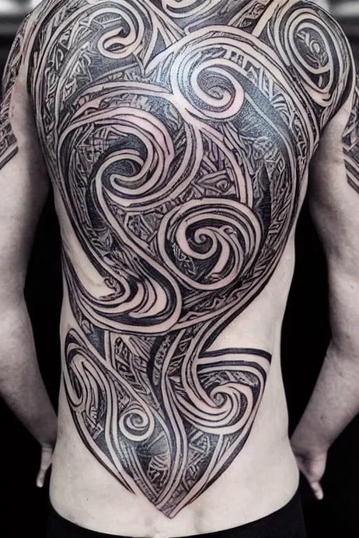 Image similar to a tribal tattoo made of thin swirling light streaks and ornate flowing light streams and smooth particle effects, unreal engine