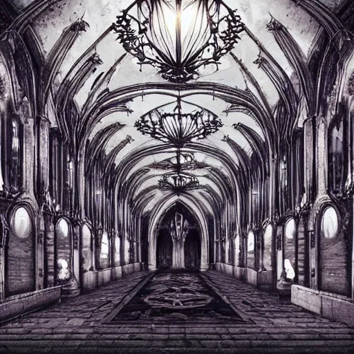 Image similar to large gothic hall with large chandeliers under the ceiling, horror movie, moonlight, artstation, detailed, colorfull, miadzaki aestetics