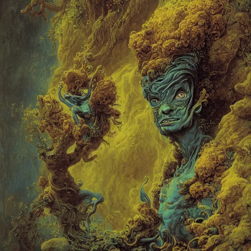 Prompt: a close - up rococo portrait of an futuristic blue alien elf - like creature covered in moss, mushrooms, and swamp. night time. rich colors, high contast. gloomy, highly detailed 1 8 th century fantasy masterpiece painting by jean - honore fragonard, moebius, and johfra bosschart.