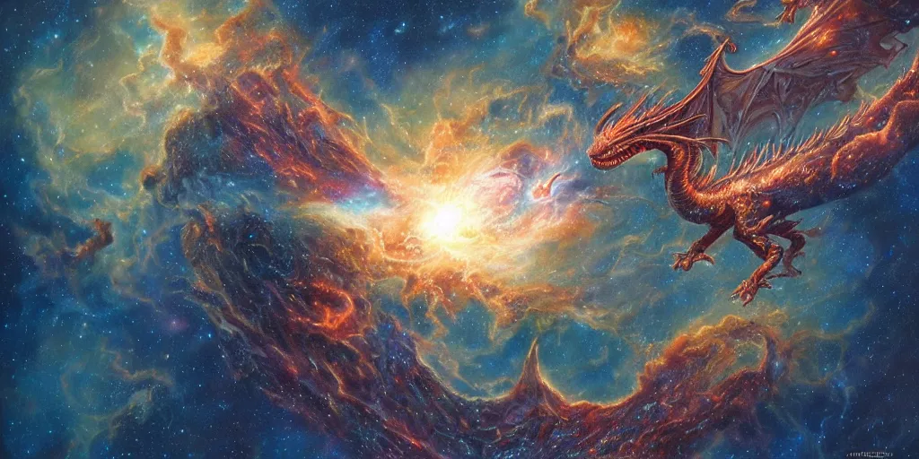 Image similar to an alien dragon flying through outer space, epic nebula, dan seagrave art