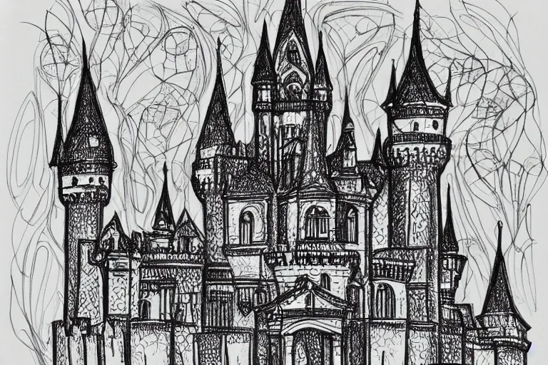 Prompt: single line sketch of elaborate intricate castle, scribble sketch, small details,