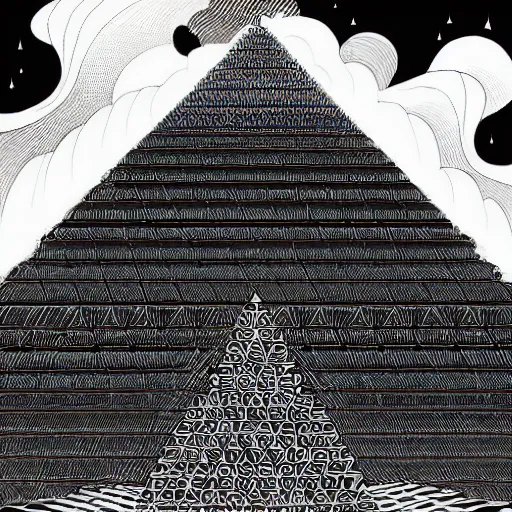 Image similar to perfectly-centered black and white chequered starcase ascending up a pyramid into the clouds, pillars on either side of the staircase, grain, surrealist, POV shot, intricate details, ornate, highly detailed, digital painting, artstation, concept art, smooth, sharp focus, illustration, Unreal Engine 5, 8K, art by Joe Fenton and M.C Esche and Rob Gonsalves