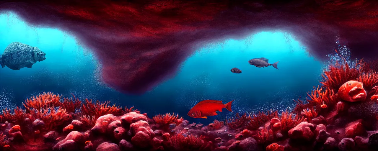 Image similar to A gorgeous detailed oil of a dark red sea covered in big blue steep rocks, a school of piranhas underwater, the further away the mistier it gets, surreal, concept art, dark aesthetic, atmospheric, moody, hyperrealism, highly detailed, masterpiece, award winning, 4k, unreal engine