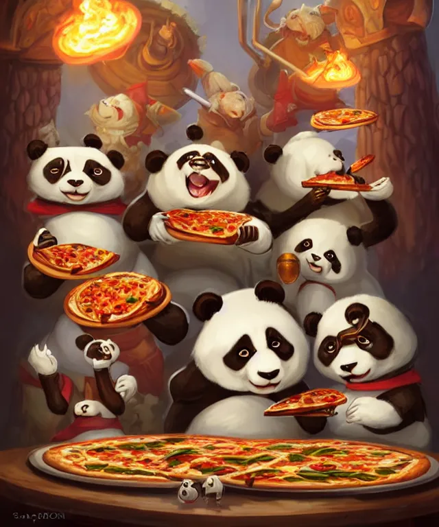 Prompt: a portrait of three anthropomorphic panda mages eating pizza and salad, wearing mage robes, restaurant in background, cute and adorable, dnd character art portrait, well rendered matte fantasy painting, deviantart artstation, by jason felix by steve argyle by tyler jacobson by peter mohrbacher, cinematic lighting