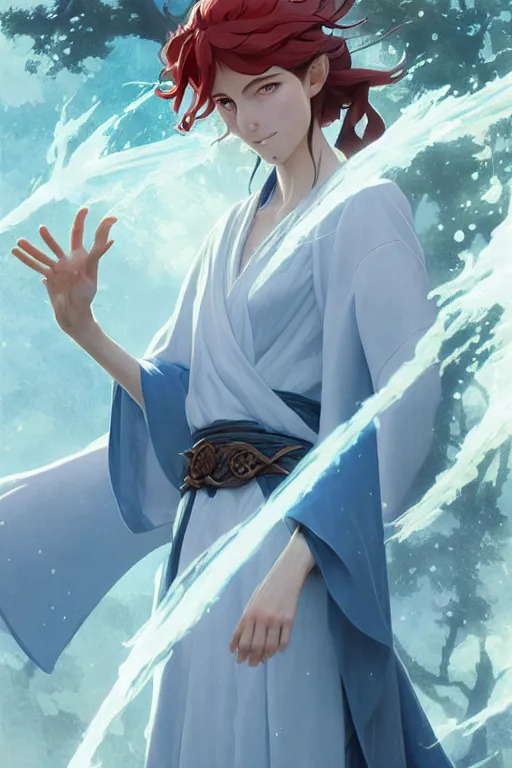 Image similar to elvish female sorcerer doing water magic spells, blue robes, red hair, finely detailed perfect face, exquisite details, mid view, design on a white background, by studio muti, greg rutkowski makoto shinkai takashi takeuchi studio ghibli