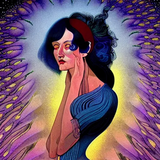 Prompt: dark blue haired woman, fair skinned, mœbius, jean henri gaston giraud, psychedelic, surrealism, dramatic lighting, angelic, beautiful, feminine