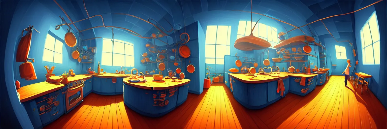 Prompt: fisheye spiral lines, naive, extra narrow, detailed illustration of a claustrophobic kitchen, large floor, dimly lit by rhads from lorax movie, trending artstation, dark blue floor