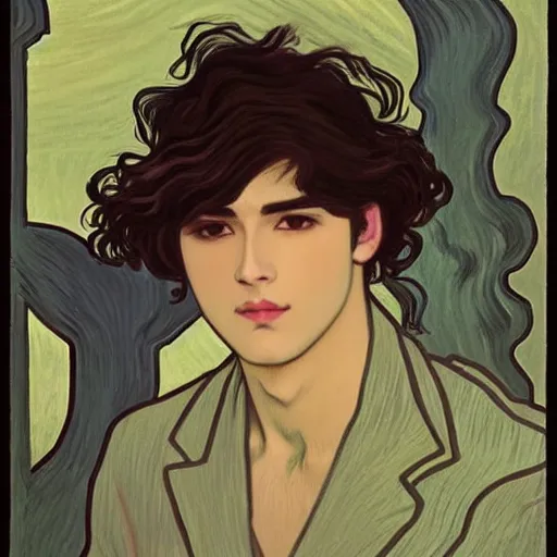 Image similar to painting of young cute handsome beautiful dark medium wavy hair man in his 2 0 s named shadow taehyung and cute handsome beautiful min - jun together at the graveyard party, ghostly, haunted gravestones, ghosts, autumn! colors, pretty, elegant, wearing suits!, clothes!, delicate facial features, art by alphonse mucha, vincent van gogh, egon schiele