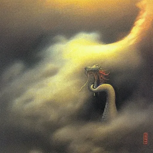 Image similar to A dragon emerging from a cloud of smoke, its eyes glowing red. By zdzisław beksiński