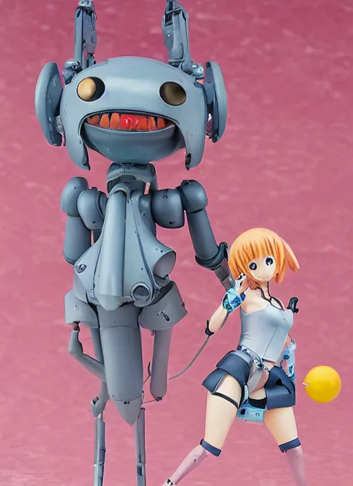 Image similar to a hyperrealistic caricature of a kawaii mecha musume anime girl figurine with a big dumb bucktooth grin featured on wallace and gromit by arthur szyk in the style of madballs