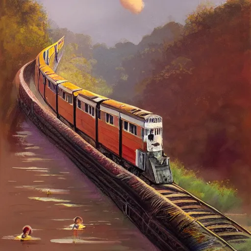 Prompt: a beautiful painting of a train traveling in india by greg rutkowsk and adonna khare, wes anderson, trending on artstation