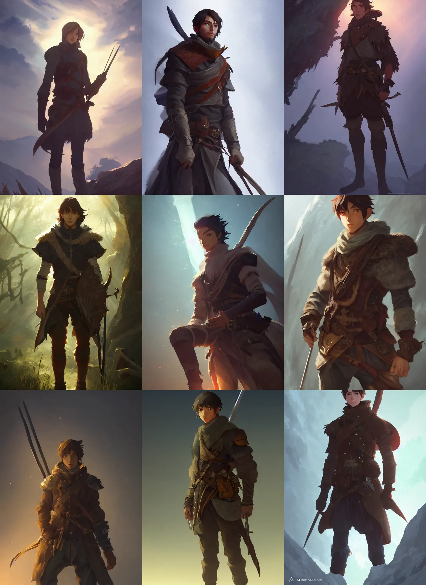 Prompt: a full body portrait of a male hunter, d & d, fantasy, tone mapped, ambient lighting, highly detailed, digital painting, artstation, concept art, 4 k, god rays, stunningly beautiful, glowing eyes, sharp focus, by makoto shinkai and nick thornborrow and hidari and wlop