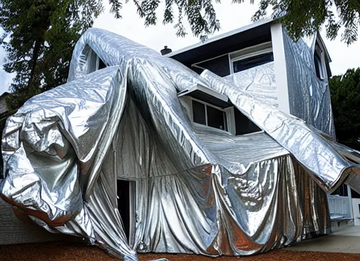 Image similar to house wrapped in foil