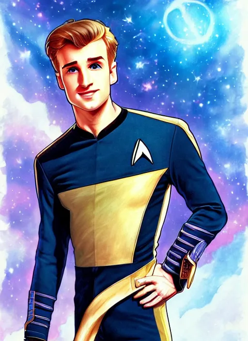 Image similar to cute star trek officer jack laugher, natural lighting, path traced, highly detailed, high quality, digital painting, by don bluth and ross tran and studio ghibli and alphonse mucha, artgerm