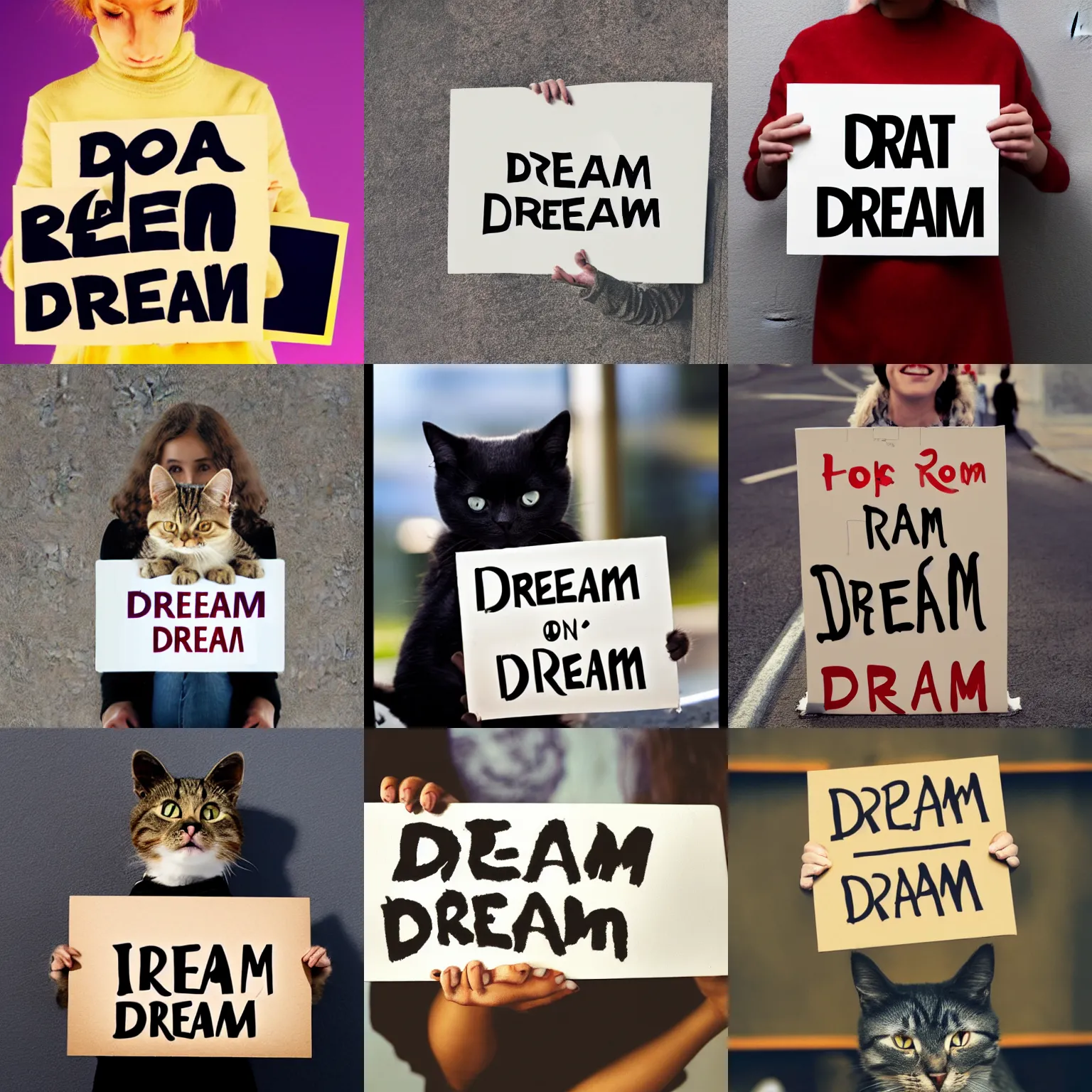 Prompt: cat holding a sign with text that reads : dream