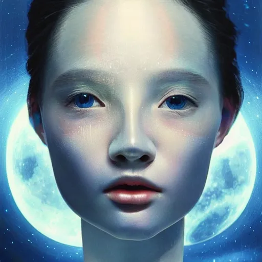 Image similar to sci - fi, close - up, 3 d, moon rays, night, sleepy fashion model face, cinematic, clouds, sun rays, vogue cover style, poster art, blue mood, realistic painting, intricate oil painting, high detail illustration, figurative art, multiple exposure, poster art, 3 d, by tooth wu and wlop and beeple and greg rutkowski