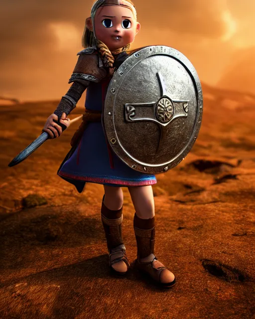 Image similar to a toy of a viking girl with her shield raised to defend, pixar style, authentic viking armor, historically accurate, clean detail, symmetrical, octane render, studio lighting