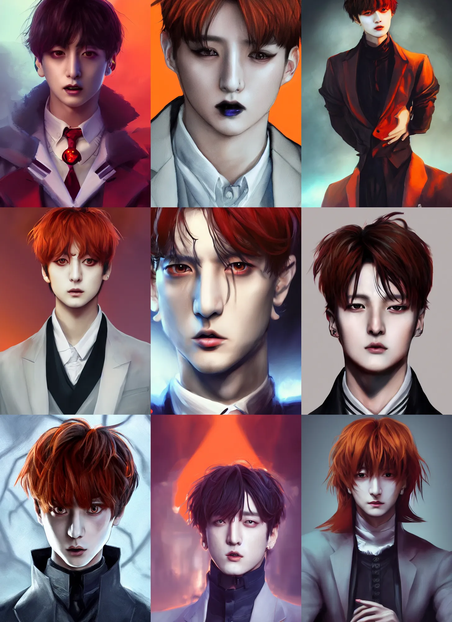 Prompt: jungkook jeon as a vampire. wearing intricate styled suit, semi realism, anime realism, korean symmetrical face, slim face, appealing, bright eyes, photorealism, uhd, amazing depth, glowing, golden ratio, sakimichan, greg rutowski, volumetric lighting, cinematic lighting, red orange lighting, artstation concept art