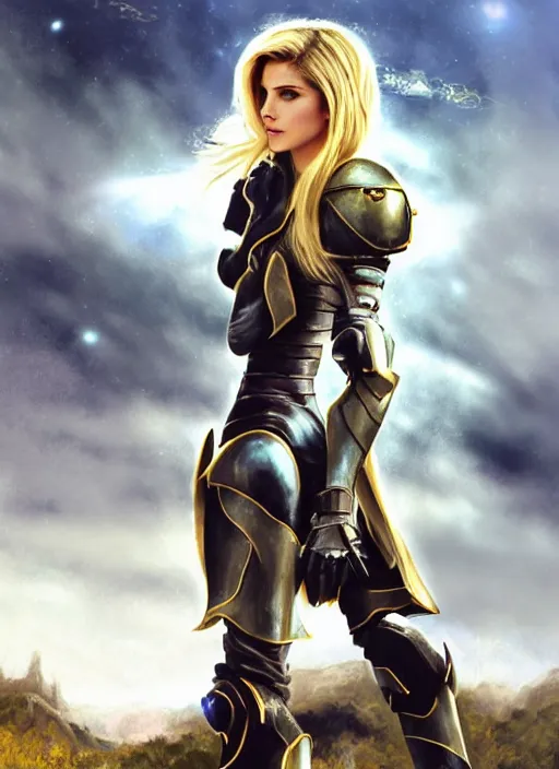 Image similar to portrait of a combination of Ashley Greene, Katheryn Winnick, Victoria Justice and Adriana Dxim, Grace Kelly, Emma Watson and Lily Collins with blonde hair wearing Varia Armor from Metroid Prime, countryside, calm, fantasy character portrait, dynamic pose, above view, sunny day, thunder clouds in the sky, artwork by Jeremy Lipkin and Giuseppe Dangelico Pino and Michael Garmash and Rob Rey and Greg Manchess and Huang Guangjian, very coherent asymmetrical artwork, sharp edges, perfect face, simple form, 100mm