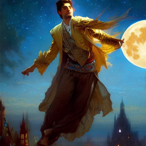 Image similar to attractive male wizard magically floating high in the night, fantasy, full moon in background. highly detailed painting by gaston bussiere, craig mullins, j. c. leyendecker, mid shot, 8 k