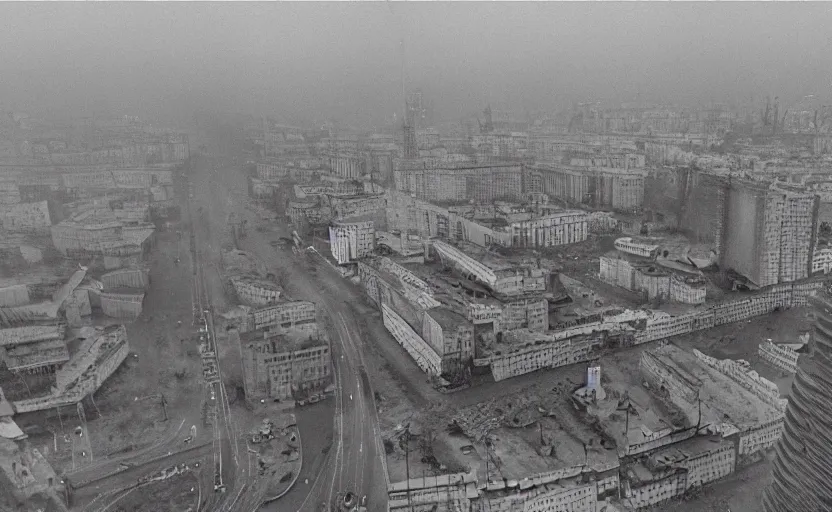 Image similar to high quality 2000s historic footage of soviet boulevard with stanilist style high rise and pedestrians, aerial photo drone, Cinestill 800t 18mm, heavy grainy picture, very detailed, high quality, 4k panoramic, billboards and streetlight at night, rain, mud, foggy