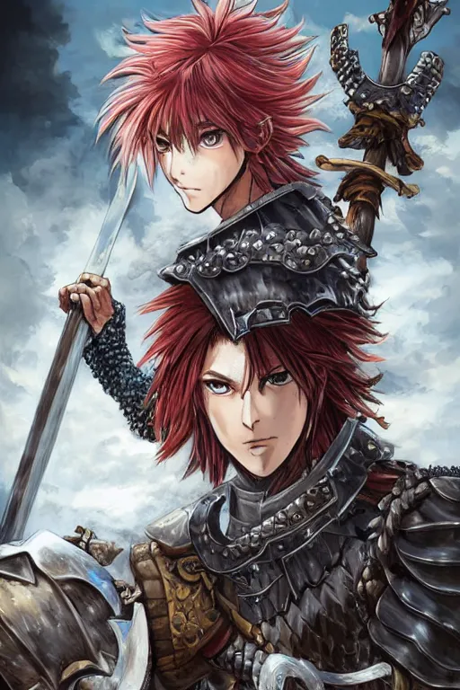 Image similar to A realistic anime portrait of a young handsome male barbarian with long wild hair, intricate fantasy spear, plated armor, D&D, dungeons and dragons, tabletop role playing game, rpg, jrpg, digital painting, by Yoshitaka Amano and Ayami Kojima and Akihiko Yoshida and Yusuke Murata and Kentaro Miura, concept art, highly detailed, promotional art, HD, digtial painting, trending on ArtStation, golden ratio, rule of thirds, SFW version