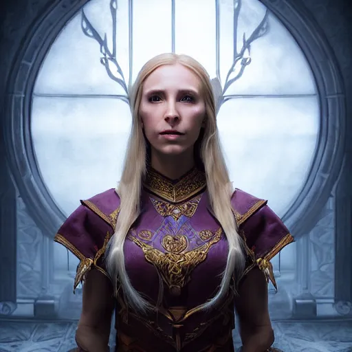 Image similar to the elder scrolls vi, charismatic regal blonde high elf female jarl, portrait, throne room, atmospheric lighting, painted, intricate, volumetric lighting, beautiful, daytime, sunny weather, slight overcast, sharp focus, deep colours, ultra detailed, by leesha hannigan, ross tran, thierry doizon, kai carpenter, ignacio fernandez rios