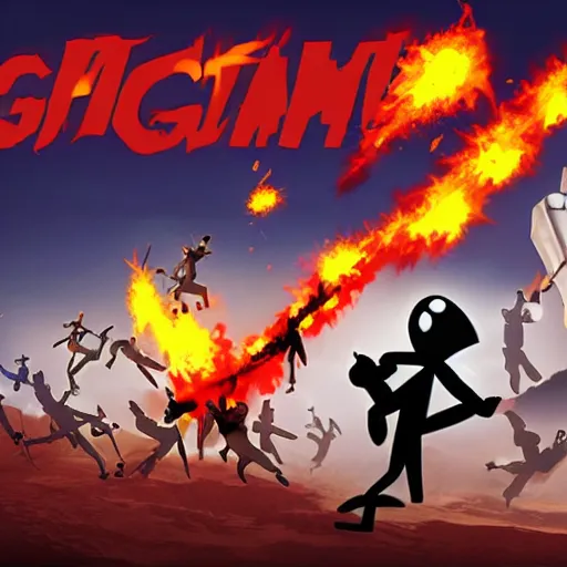 Image similar to poster of the game with the stickman figurine and with explosions on the background, cartoon, newgrounds cartoon