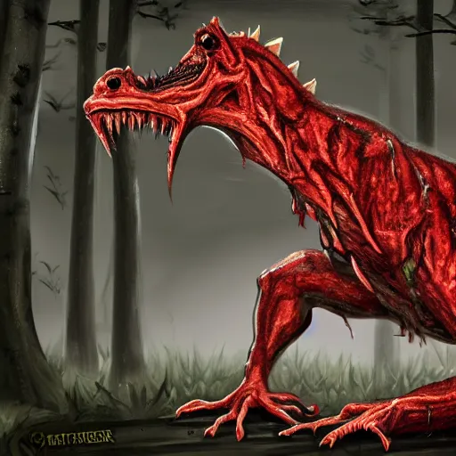 Image similar to big butcher anthropomorphic male lizardfolk posing scarily, scary angry pose, covered in blood, fresh kill, cleaver, in a forest, earie setting, lovecraft, eldritch, horror, hyperdetailed, furaffinity, deviantart, anthro art