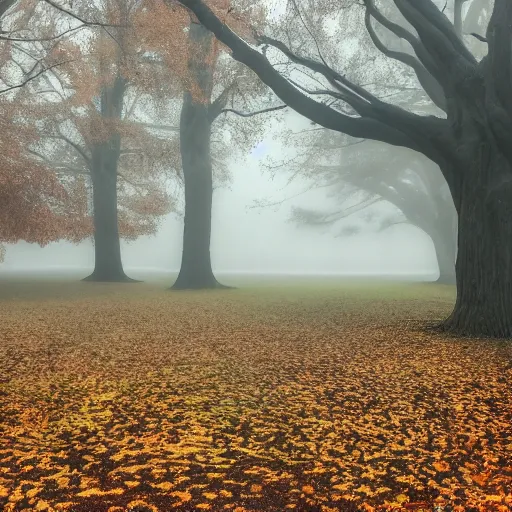 Prompt: a foggy park in autumn, in a horror movie 8k