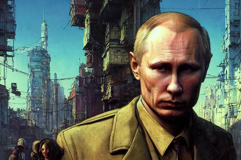 Prompt: A solarpunk very highly detailed Putin with very highly detailed face on the street of a very highly detailed smooth solarpunk city digital concept art by Greg Rutkowski, neofuturistic highly detailed, digital concept art, Dimensional cyan gold natural light, sharp focus, Golden Ratio illustration, realistic concept art by Stephen Hickman and James Gurney and Hiromasa Ogura Ghost in the Shell rendered in Octane Render, From the distance
