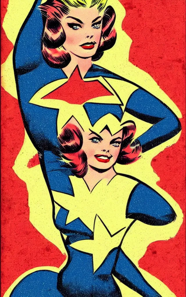 Image similar to vintage comic golden age superhero samara weaving illustration