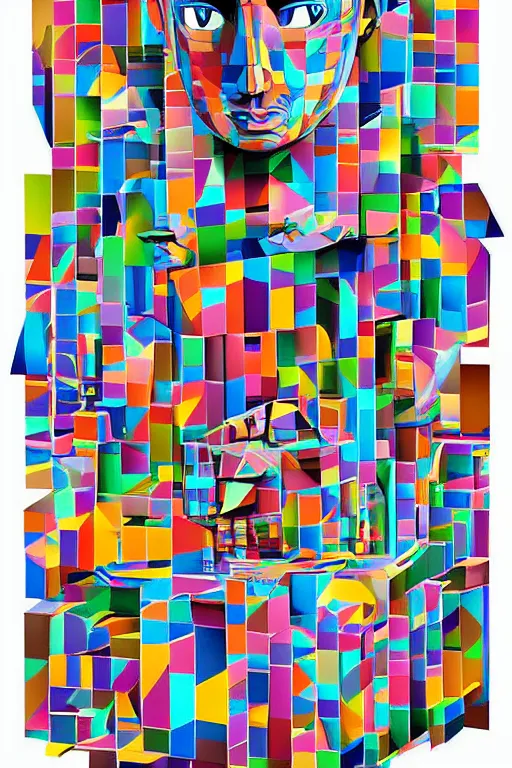 Image similar to cubist moai statue cutout digital illustration cartoon colorful beeple