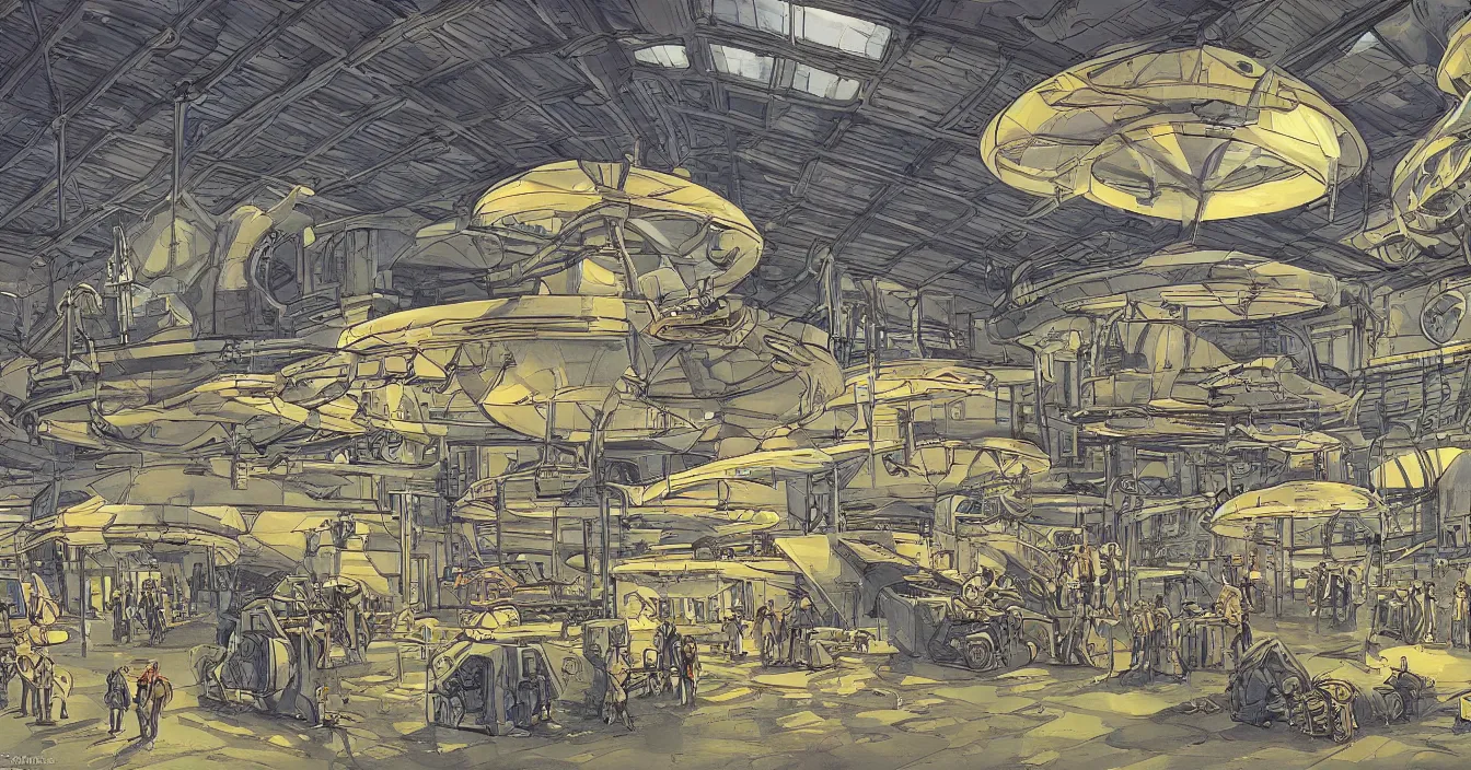 Image similar to Interior of the hall in area 55, full of alien military equipment, engineers working on flying saucers, high detail, wide perspective, saturated colors, by Feng Zhu