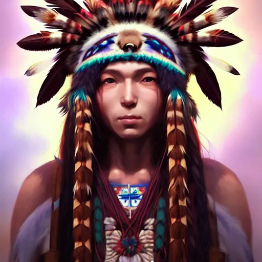 Image similar to anime portrait of a American native shaman wearing a bear headdress by Stanley Artgerm Lau, WLOP, Rossdraws, James Jean, Andrei Riabovitchev, Marc Simonetti, and Sakimichan, trending on artstation