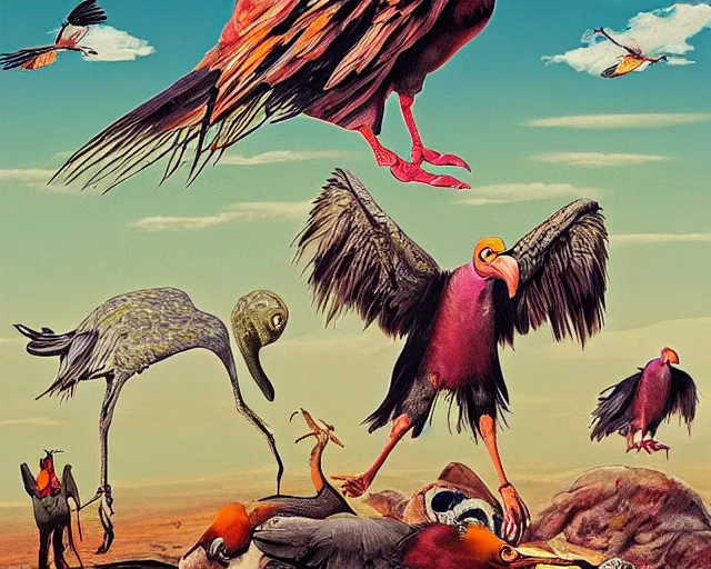 Image similar to vultures feeding on carrion in the desert, caricature, surreal, colorful