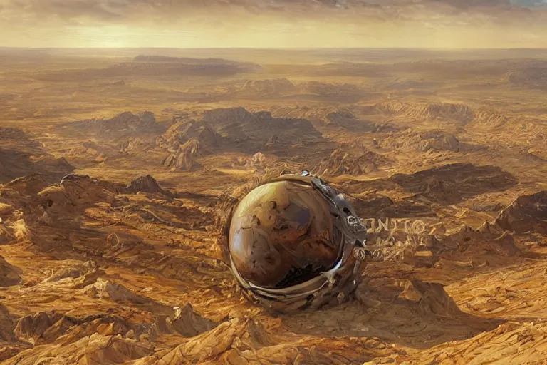 Prompt: Wide long shot epic desert scenery, on the distant horizon hovers a colossal ornately detailed futuristic spherical dark spaceship with air shimmering around it, sharp focus, illustration, bokeh art by artgerm and donato giancola and Joseph Christian Leyendecker, WLOP, artstation, cgsociety, 8k