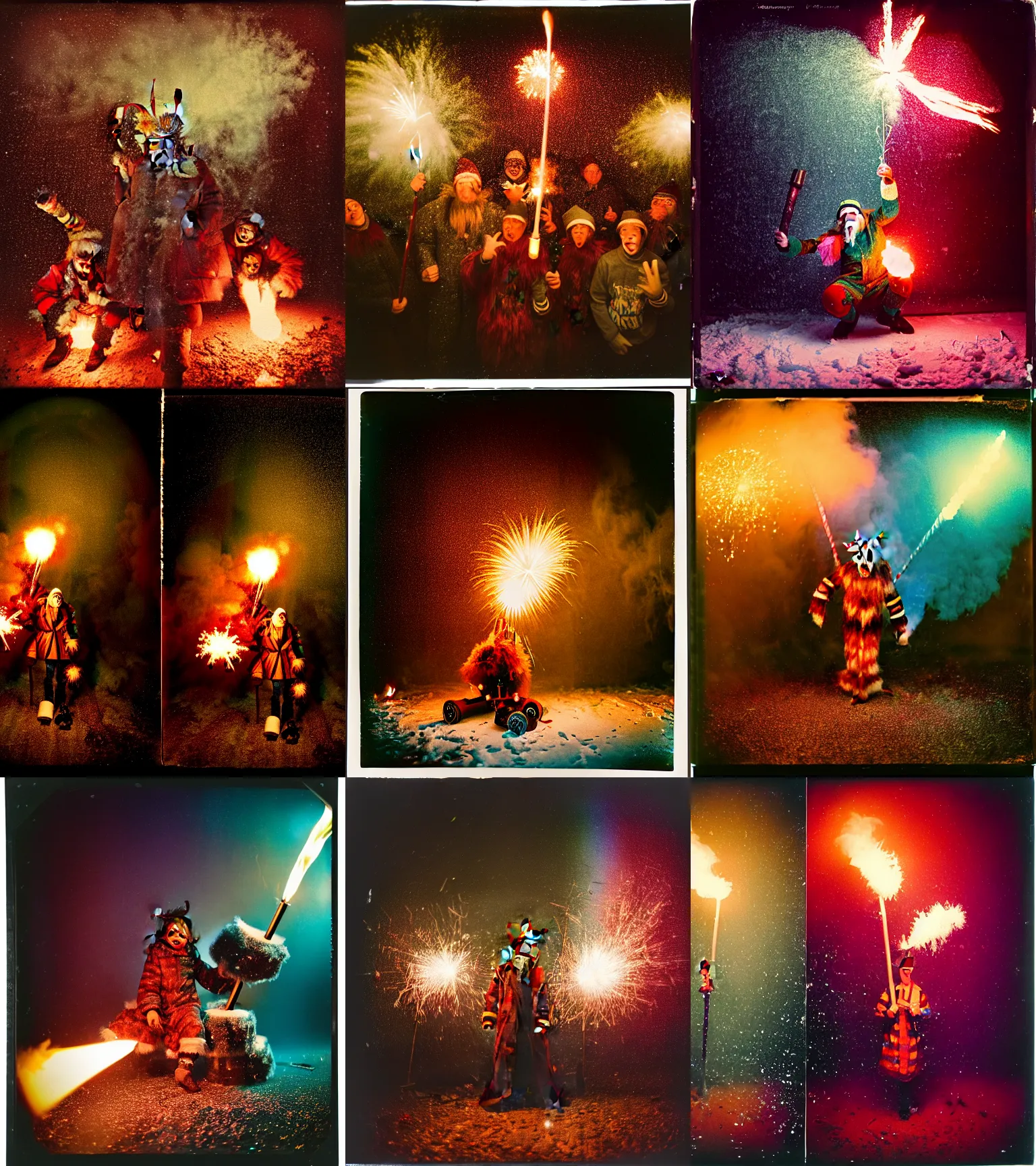 Image similar to kodak portra 4 0 0, wetplate, winter, snowflakes, rainbow coloured rockets, chaos, glitter tornados, award winning dynamic photo of a bunch of hazardous krampus between exploding fire barrels by robert capas, motion blur, in a small pantry at night with colourful pyro fireworks and torches, teal lights